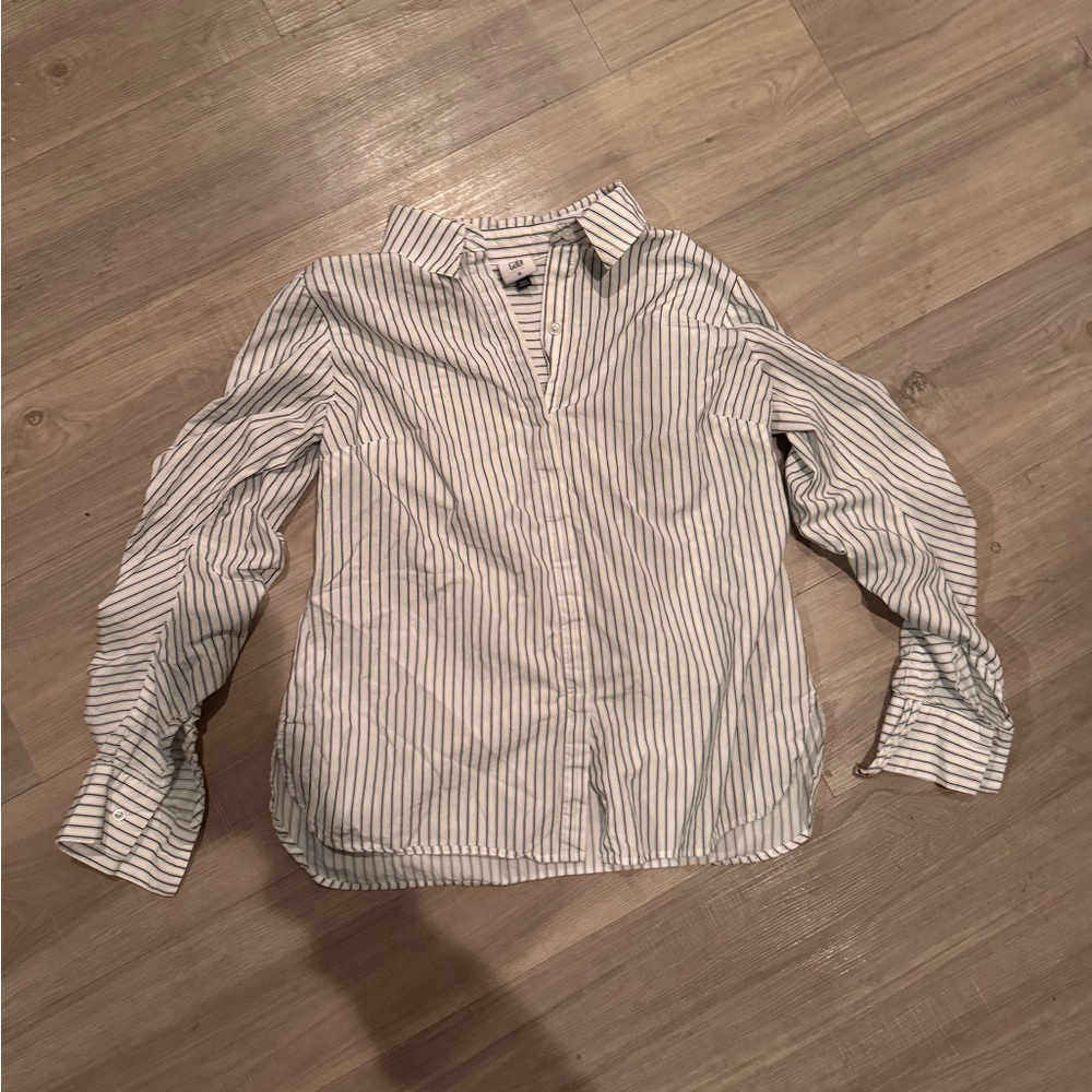 CAbi Navy and White Striped Shirt with ruched  sleeves